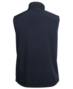 A dark navy three-layer softshell vest with a high collar and no visible front features. Includes a logo.