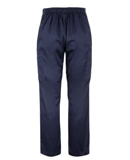 Navy blue scrub cargo pants featuring an elastic waistband and side pockets. Includes a logo on the fabric.