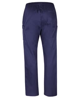 Navy blue unisex cargo pants with an elastic waistband and two side pockets. Features branding on the back.