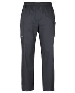 Unisex premium cargo pants in dark grey, featuring side pockets and an elastic waistband. Includes a logo.