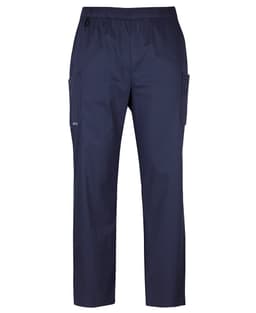 Navy unisex cargo pants with an elastic waistband and side pockets, featuring a logo. Suitable for scrub bottoms.