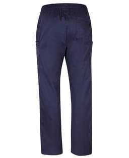Unisex premium cargo pants in navy blue with an elastic waistband and multiple pockets. Branding present.