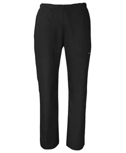 A pair of black scrub pants featuring a logo and two pockets, designed for ladies' uniforms.