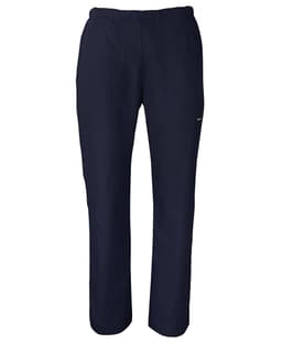 Navy blue ladies scrubs pants with an elastic waistband and pockets, featuring a logo on the side.