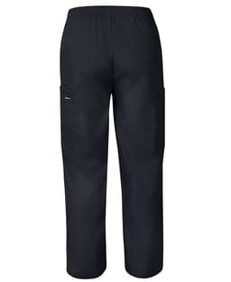 Unisex scrub pants in black with elastic waistband and side pockets. Features branding on the fabric.
