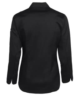 A black ladies' long-sleeve chef's jacket with a sleek design, featuring a collar and a logo on the sleeve.