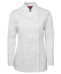 A white long sleeve chef's jacket with a double-breasted design and a logo on the sleeve.
