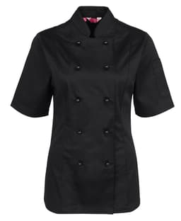 A black ladies' short-sleeve chef's jacket with double-breasted buttons and a single sleeve pocket.