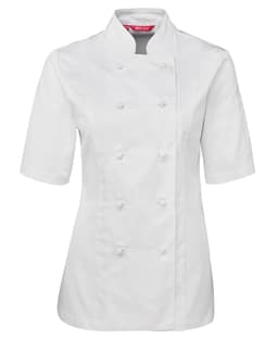 White short-sleeve chef's jacket for ladies with a double-breasted design and a branded logo.