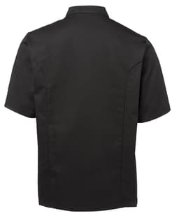 A black short-sleeve chef's jacket with a classic collar and a branded logo on the back.