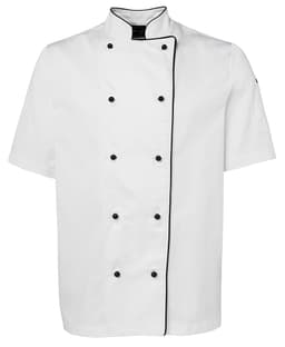 A white chef's jacket featuring short sleeves and black piping along the edges. It has a logo on one sleeve.