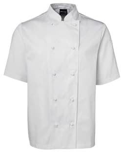 A white short-sleeve chef's jacket with a double-breasted design and a logo on the collar.