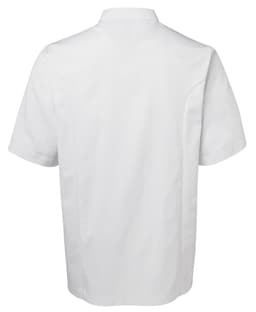 A short-sleeved chef's jacket in white, featuring a simple design and a classic collar, with a logo on the left side.