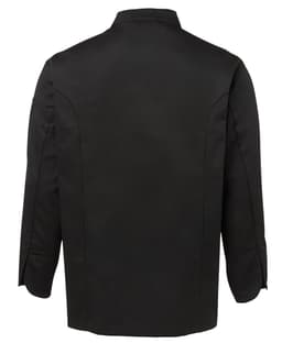 A black long-sleeve chef's jacket featuring a classic design, with a branding logo on the sleeve.