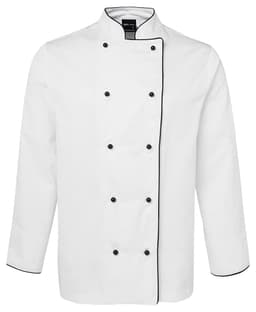A white chef's jacket featuring black piping and buttons, designed for chefs with long sleeves.