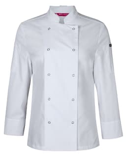 A white long-sleeved chef's jacket with snap buttons and a logo on the sleeve.