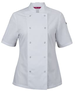 A white short-sleeve chef's jacket with snap button closures and a logo on the sleeve.