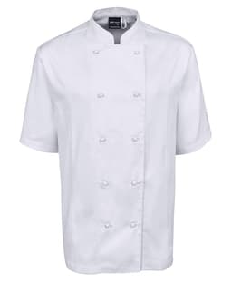 A white short-sleeve chef's jacket featuring a double-breasted design and a logo on the collar.