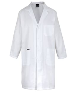 A white lab coat with long sleeves, featuring a pocket and a branded logo.