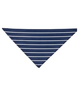A navy blue and white striped chef's scarf with a triangular shape. It features a logo.