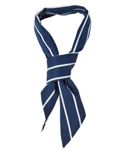 A navy blue scarf with white stripes, featuring a tied design and a logo.