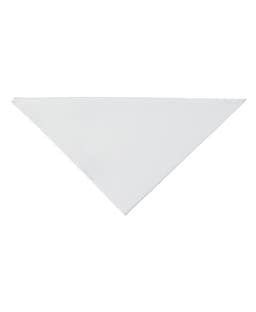A triangular white chef's scarf with a branding logo. The fabric appears lightweight and smooth.
