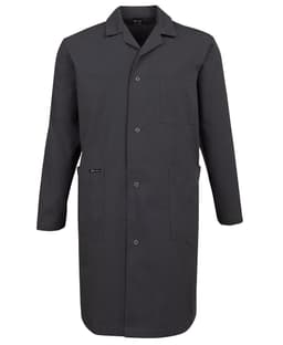 A dark grey lab coat with a collar, buttons, and a chest pocket, featuring a logo on the front.