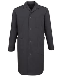 A dark grey lab coat featuring long sleeves, a front button closure, and pockets. It has a branding label.