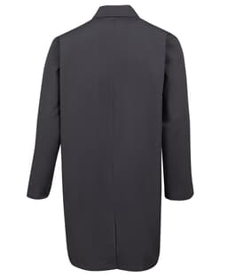A black lab coat with long sleeves and a collared neckline, featuring a simple, sleek design.