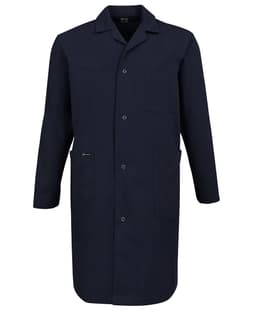 A navy blue lab coat featuring a front button closure, collar, and pockets, with a logo on the side.