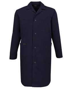 A dark navy lab coat with long sleeves, a button front, and a chest pocket. It features a logo on the side.