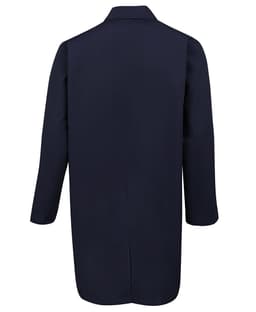 A navy lab coat with long sleeves and a back vent, featuring a collar and branding details.