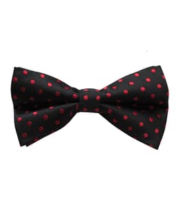 A black bow tie with red polka dots and a logo on the fabric.