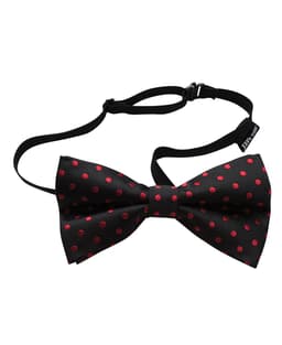 A black bow tie with red polka dots, featuring an adjustable strap and a brand logo.