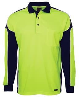 A long-sleeved polo shirt featuring a bright yellow body and navy blue arm panels, with a pocket and branding.