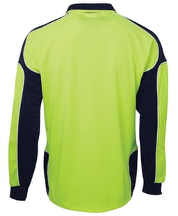 A long-sleeve polo shirt in high visibility yellow and navy, featuring raglan sleeves and branded details.