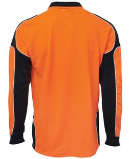 An orange long-sleeved polo shirt with black side panels and a logo on the front.
