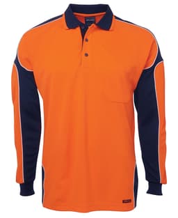 An orange and navy long-sleeve polo shirt with a pocket and a logo. Suitable for workwear.