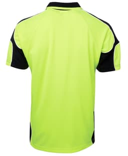 A short-sleeved polo shirt in high-visibility lime green with black accents and a logo.