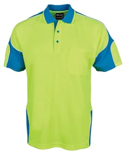 A bright yellow-green polo shirt with blue accents and a pocket, featuring a logo on the chest.