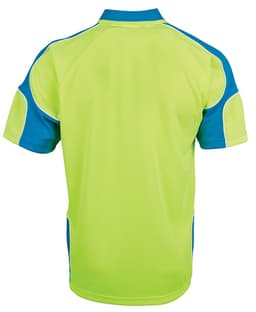 A short-sleeved polo shirt in bright lime green with blue arm panels and a logo.
