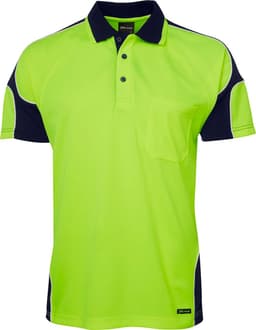 A high-visibility green polo shirt with navy blue arm panels and a chest pocket, featuring a logo.
