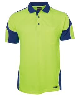 A high-visibility polo shirt in bright green and navy blue, featuring a pocket and a logo.