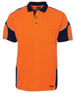 An orange and navy work polo shirt featuring a pocket, contrasting arm panels, and a collar. It has a logo.
