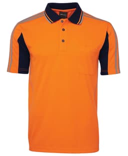 An orange and navy polo shirt with a collar, short sleeves, and a chest pocket. It features contrasting stripes.