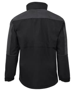 A rain jacket in black and charcoal with a simple design and a logo on the back.