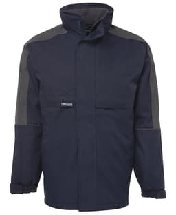 A black and charcoal rain jacket featuring a high collar and elasticised cuffs, with a logo on the front.