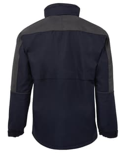 A black and charcoal rain jacket featuring a high collar and elastic cuffs, with a logo on the back.