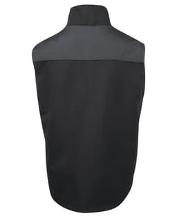 A black vest featuring a contrasting dark grey section at the top and a logo on the back.