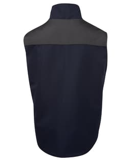 A navy vest with a dark grey shoulder panel and a high collar. It features a logo on the back.